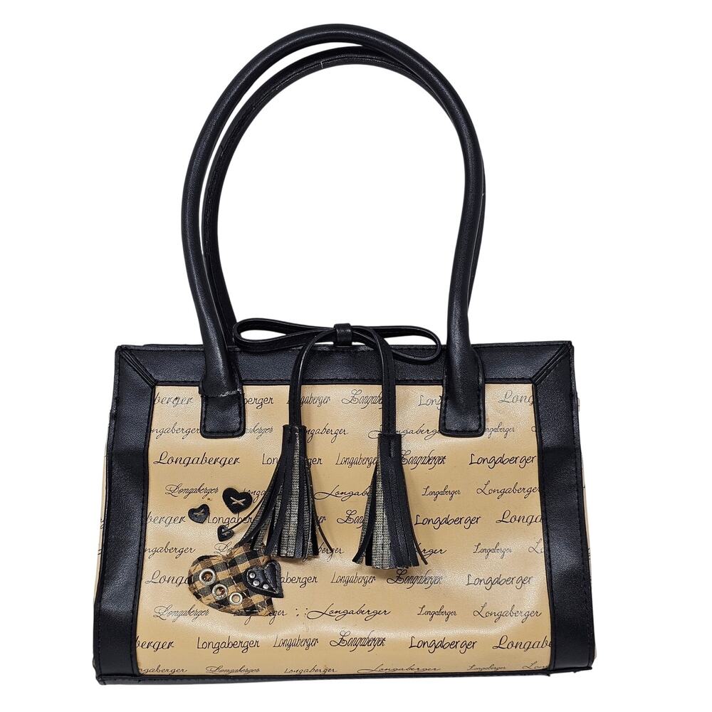 Longaberger Top Handle Purse Bag Tassel Accent Applique Hearts Script Print FLAW